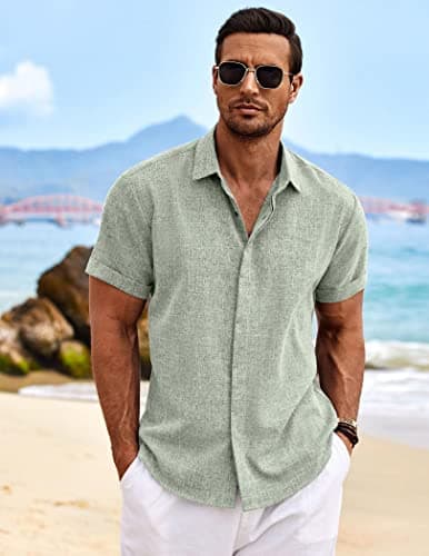 COOFANDY Men's Linen Shirts Short Sleeve Casual Shirts Button Down Shirt for Men Beach Summer Wedding Shirt view 2