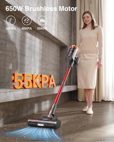Cordless Vacuum Cleaner, 650W/55KPa 70Mins Vacuum Cleaners for Home, Self-Standing Stick Vacuum with Anti-Tangle Brush & OLED Touch Screen, Vacuum Cleaner for Hardwood Floors,Carpet,Pet Hair,Car (Red) view 2