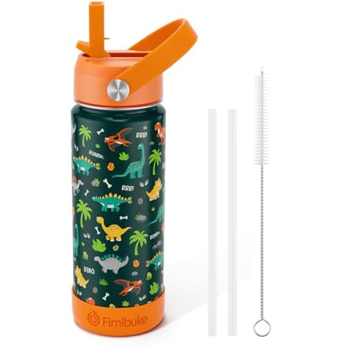 Fimibuke Kids Insulated Water Bottle, 18oz BPA FREE 18/8 Stainless Steel Kid Cup with Straw Travel Tumbler Double Wall Leak Proof Toddler Water Bottle for School Boys Girls (1 Pack, Green Dinosaur) view 1