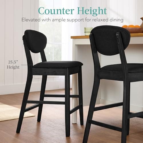 Best Choice Products Set of 2 Counter-Height Bar Stools, Mid-Century Modern, Armless Wood Stools W/Upholstered Seat Cushion & Backrest for Kitchen Island or Dining Room Bar - Black/Black view 5