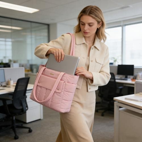 Eslcorri Large Puffer Tote Bag for Women, 21L Quilted Carry-On Purse with Luggage Sleeve, Padded Work Handbag for Travel, Gym view 2