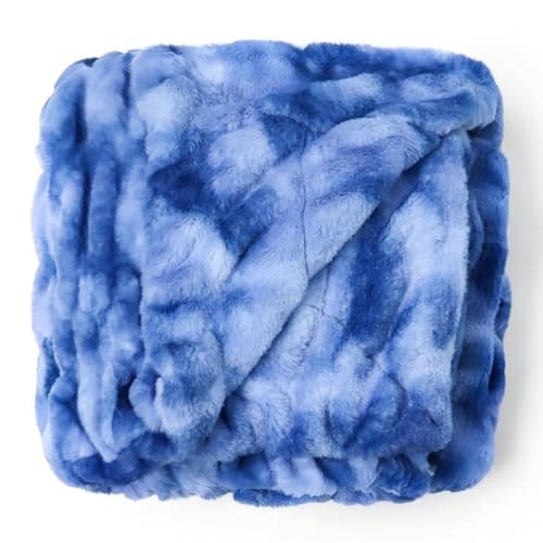 IFNOW Double Sided Ruched Faux Rabbit Fur Throw Blanket for Couch, Ultra Soft Fluffy Mink Blanket, Plush Cozy Home Decor Throw Gifts for Women & Men, 50"x60", TieDyeBlue view 7