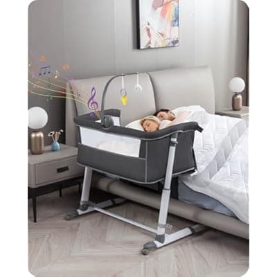 Yacul Baby Bassinet, Bedside Crib Sleeper with Wheels and Music Box, Breathable Mesh Height Adjustable Baby Bedside Sleeper, Portable, Dark Gray