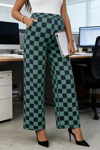 BLENCOT Womens Casual Checkered Pants for Maternity Elastic Waist Wide Leg Pants Grid Pregnant Trousers with Pockets view 5
