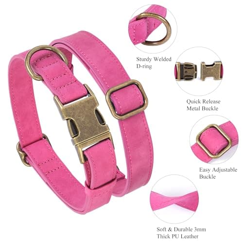Jumpress Soft Leather Dog Collar for Small Medium Large Dogs, Heavy Duty Dog Collar Leather with Quick Release Metal Buckle, Durable & Adjustable for Small Dogs Walking (Hot Pink, S) view 2