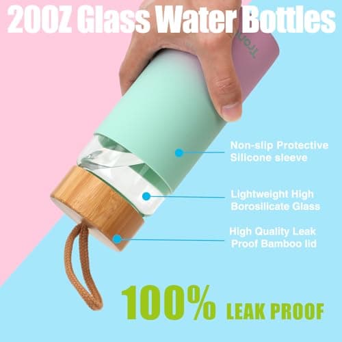 Tronco 20 oz Glass Water Bottles with Lids, Reusable Borosilicate Glass Bottles with Bamboo Lid & Non-Slip Silicone Sleeve for Coffee, Iced Tea, Water, Leak-Proof, BPA-Free – Ideal for Office & Home view 3