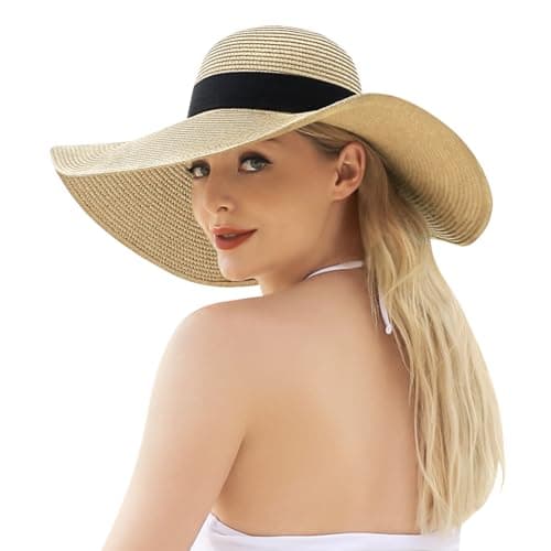 Beach Hat for Women, Wide Brim Sun Straw Hat for Women, Sun Hat Womens UPF 50+ UV Protection, Floppy Foldable Summer Hat
