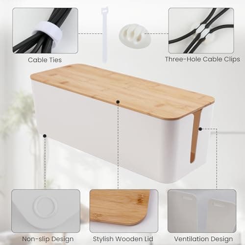 2 Pack Cable Management Box - Cord Organizer Box with Wooden Lid for TV Wires, Power Strips, Router, USB Hub & Under Desk Power: Baby & Pet Proof Cord Management, Cord Hider for Home & Office (White) view 4