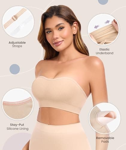 Finduself Strapless Bras for Women Non-Slip Padded Bandeau Bra Wireless Tube Top Bra Including Clear Straps view 4
