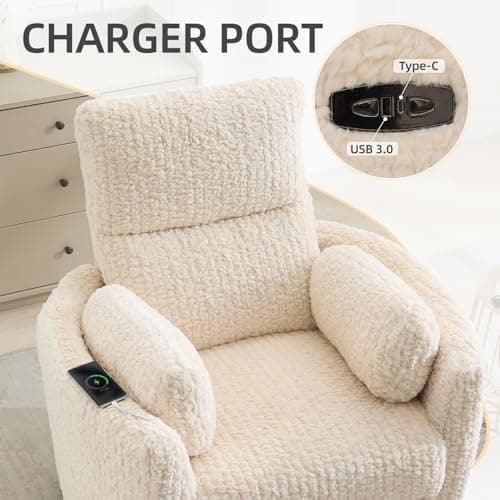 Power Swivel Glider Rocking Recliner Nursery Chair with 2 Pillows, Electric Rocker Reclining Chairs with Type-C & USB Charger Port for Living Room, High Back Barrel Armchair for Bedroom, Beige view 4