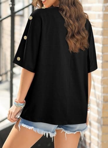 Dokotoo Women's Short Sleeve Tops Crew Neck Button Casual Summer Oversized T Shirts Blouses view 2