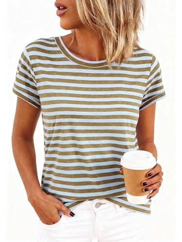 BTFBM Tops for Women Trendy Summer 2026 Crew Neck Short Sleeve T Shirts Striped Casual Vacation Blouse Loose Basic Tee view 2