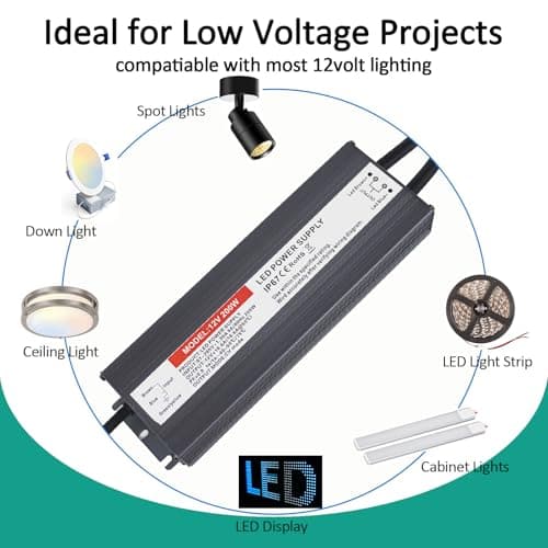 Hanbaak LED Driver 200 Watts, IP67 Waterproof Power Supply, Low Voltage Electronic Transformer, 97V-265V AC to 12V DC, 12V Constant Voltage LED Power Supply for LED Light Strip view 6
