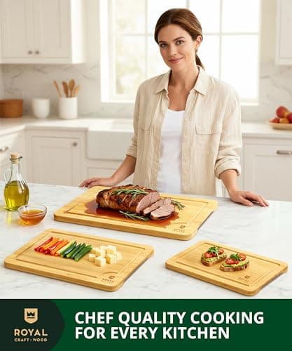 ROYAL CRAFT WOOD Wooden Cutting Boards for Kitchen Meal Prep & Serving - Bamboo Wood Serving Board Set with Deep Juice Groove Side Handles - Charcuterie & Chopping Butcher Block for Meat view 5