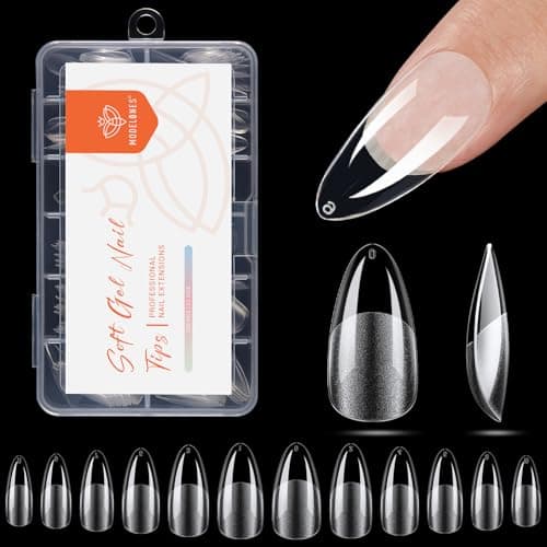 modelones Pointed Almond Nail Tips, Medium Pre-shaped Soft Gel Tips Fake Nails False Acrylic Clear Full Cover Press on Extension Gel Kit Manicure DIY at Home 216PCS 12Sizes — image 1