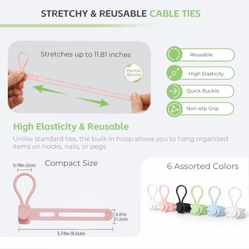6 PCS Silicone Cable Ties - Reusable Cord Organizer with Hanging Loop, Adjustable Organizer Straps for Cords, Tools, Charger Cable, Kitchen Accessories, Home Office view 5