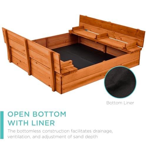 Best Choice Products Large Outdoor Wooden Sand Box for Kids, Sandbox with Cover, Bench Seats Support up to 220 lbs, Bottom Liner for Drainage, Cedar Wood - Brown view 6