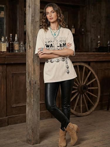 Eatbook Oversized Western Shirts for Women Country Cow Skull Graphic Tee view 5