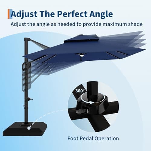 Garvee 10 ft Solar Lights Cantilever Patio Umbrella with Base Included, 360° Rotation Offset Umbrella, Easy Crank & Tilt Adjustment, UV Protection for Backyard, Poolside, Deck -Navy Blue view 6