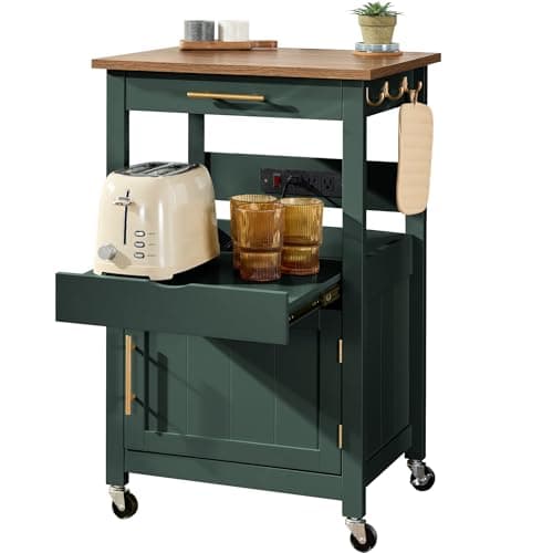 Best Choice Products Rolling Kitchen Island Cart, Single Door Cabinet W/Drawer, Sliding Tray, Outlet, Swivel Lockable Wheels, Hooks, Coffee Cart, Microwave Stand, for Dining Room - Forest Green view 1