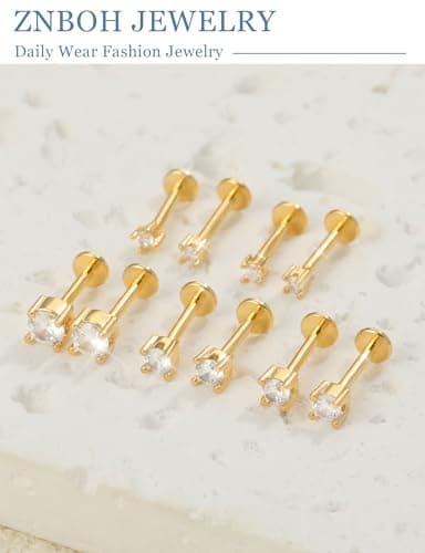 ZNBOH 5 Pairs Flat Back Earrings Stud Gold Threadless Tragus Cartilage for Women Men 925 Sterling Silver Post 14K Gold Hypoallergenic Earring Set for Multiple Piercing Nose Medusa Piercing Jewelry 18G view 6