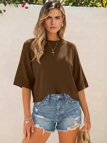 Sweater for Women Summer Short Sleeve Oversized Cropped Sweaters Casual Crewneck Lightweight Knit Tops view 3