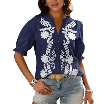 BTFBM Women's 2026 Spring Tops Casual Floral Boho V Neck Puff Short Sleeve Button Down Shirts Embroidered Blouses Tunic
