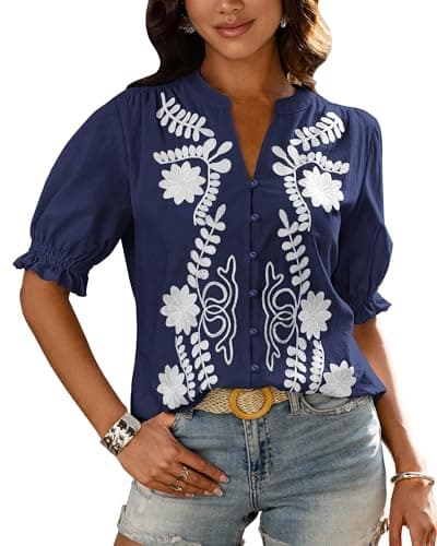 BTFBM Women's 2026 Spring Tops Casual Floral Boho V Neck Puff Short Sleeve Button Down Shirts Embroidered Blouses Tunic view 1