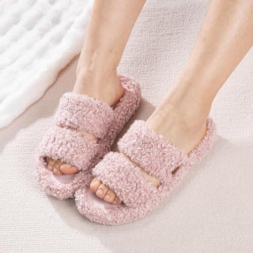 BOVTY Women's Fuzzy Open-toe Bowknot & Double-Strap Slippers, Memory Foam Non-Slip Indoor House Slides view 5