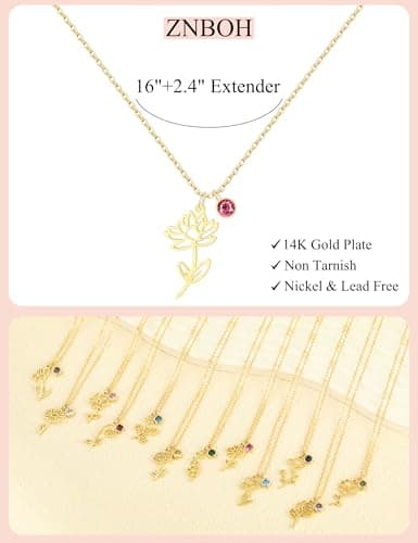 ZNBOH Birthstone Flower Necklace for Women 14k Gold Plated Dainty Necklace Trendy Pendant Necklace Simple Cute Choker Necklace Non Tarnish Emerald Blue Green Birthday Gifts for Women Jewelry view 4