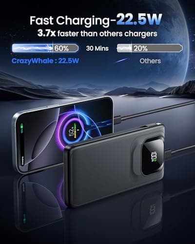 10000mAh 22.5W Portable Charger, Built-in Cables, Matte Black view 2