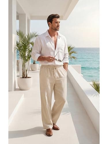 Men's Cotton Linen Pants Elastic Drawstring Lightweight Trousers view 5