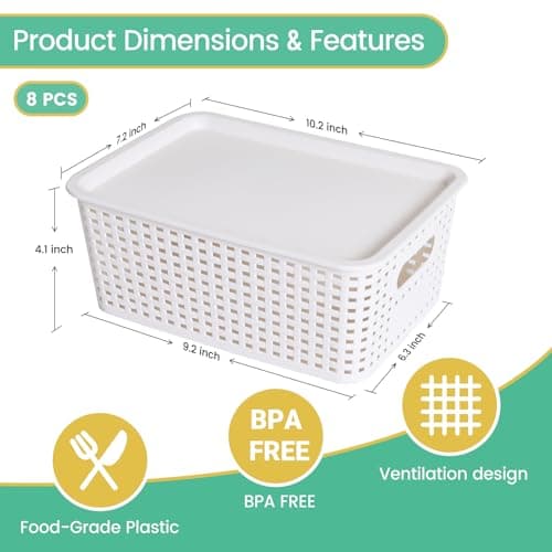 Plastic Storage Baskets with Lid-Plastic Storage Containers Stackable Storage bins: Storage Baskets for Organizing Shelves Drawers Desktop Closet Playroom Classroom Office,8 Pack-White10.2x7.2x4.1Inch view 3