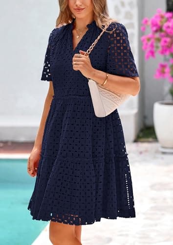 PRETTYGARDEN Eyelet Dresses for Women 2026 Summer Short Sleeve V Neck Hollow Out Ruffle A Line Boho Beach Vacation Mini Dress view 6