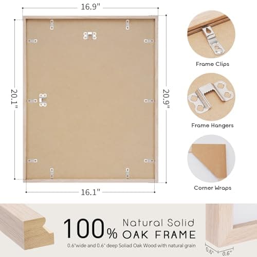 puthiac 16x20 Solid Oak Wood Picture Frame, Fits 12x16 with Mat or 16x20 Without Mat, Wall Display Only, Vertical or Horizontal, Plexi Front, 3 Pack, Natural Oak view 4