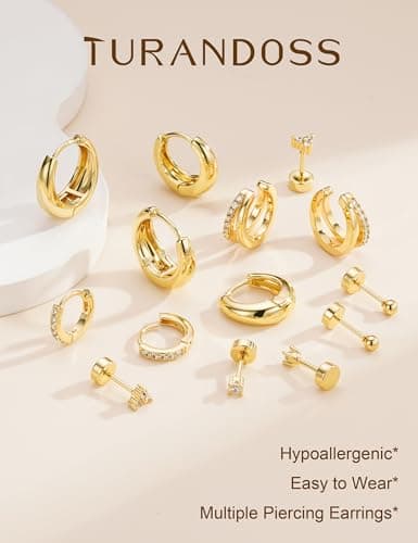 Turandoss 7 Pairs Gold Hoop Earrings for Women, 14K Gold Plated Hypoallergenic Small Huggie Hoops Earrings CZ Stud Earrings Stack, Cartilage Piercing Jewelry for Multiple Piercings view 6