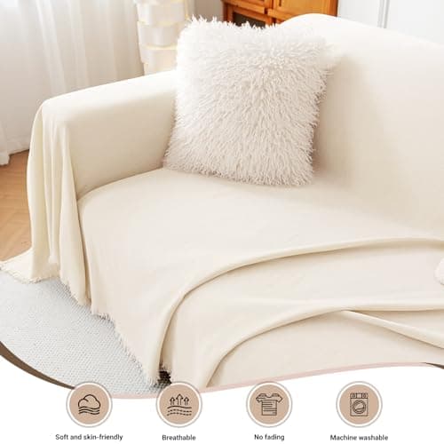 Couch Cover for Pets Sectional Non Slip Sofa Cover for 3 Cushion Couch Washable Chenille Sofa Throws with Tassel Furniture Protector Pet Friendly, Beige, 71''x 134'' view 2