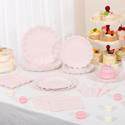 96 Pcs Pink Paper Plates and Napkins Party Supplies Serve 24 Guests Include Scalloped Mothers Day Plates 9.5", Dessert Plate 7.5", Napkins Plastic Forks for Baby Bridal Shower Wedding Birthday view 2