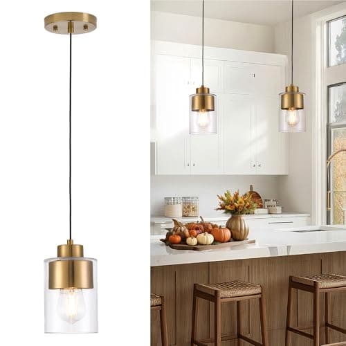 puncoll Gold Pendant Lights Kitchen Island - Hanging Lights Fixtures with Dual Shade - Clear Glass Modern Kitchen Pendant Lighting Over Island, H2514-BG — image 1