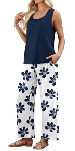 WIHOLL Two Piece Sets for Women Summer Spring Outfits Tank Square Neck Sleeveless Travel Vacation Lounge Wide Leg Pants Set view 4