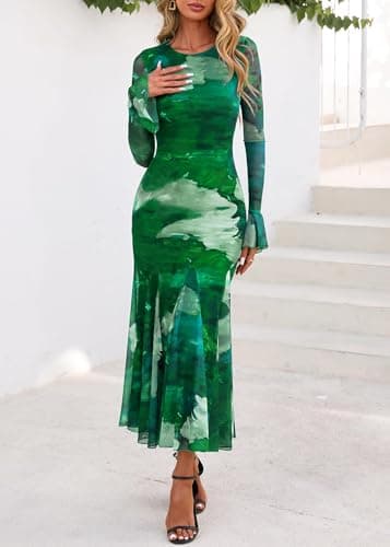 Lazysmile Women's Long Sleeve Floral Maxi Dresses Fall Formal Crewneck Bodycon Mesh Ruffle Wedding Guest Cocktail Party Dress view 5