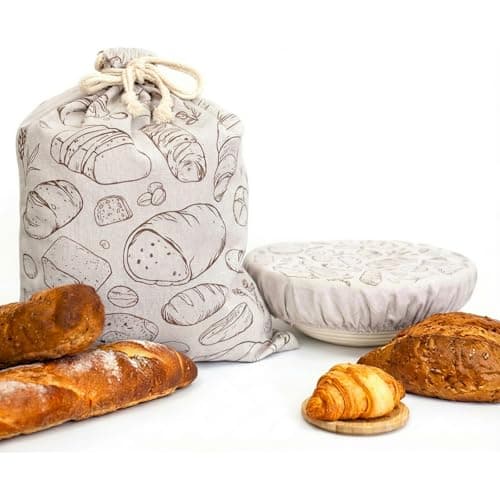 Verigud Large Reusable Linen Bread Bag and 10'' Bowl Cover with Plastic Liners for Bread Storage & Sourdough Proofing — image 1