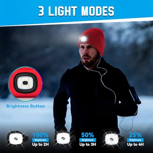 FFIPBGE Christmas Stocking Stuffers for Men Adults, Beanie Hats with Light, USB Rechargeable LED Hand Free Headlamp, Birthday Gifts for Men, Women, and Teens, Ideal for Camping, Hiking, Red view 3