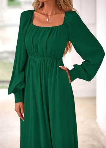 KIRUNDO Casual Fall Dresses for Women 2026 Flowy Long Sleeve Maxi Dress Smocked Empire Waist Square Neck Wedding Party view 3
