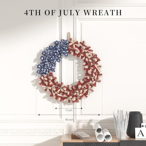 Patriotic Wreath 18 Inch American Flag Wreath for Front Door, Burlap Red White and Blue Decor with Stars Stripes and Timer-Equipped Light Strip for 4th of July Memorial Day Veterans Day view 3