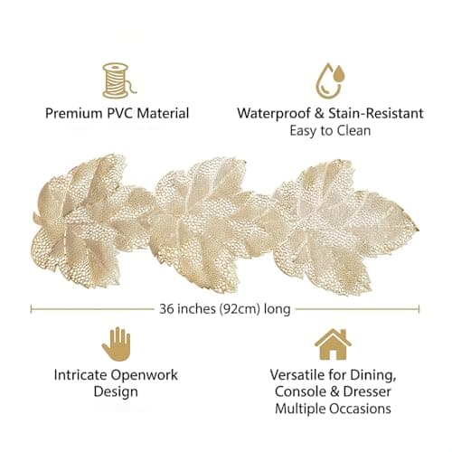 yuboo Gold Table Runner 36 Inch - Waterproof Vinyl Table Runners for Coffee Tables, Leaf Heat Resistant Dresser Runners for Bedroom, Dining, Kitchen, Wedding, Birthday, Mother's Day, Party, Home Decor view 3