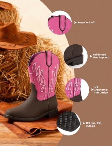 PATPAT Toddler Little Boys Girls Cowboy Boots, Square Toe Mid Calf Embroidered Cowboy Boots Western Riding Shoes view 4