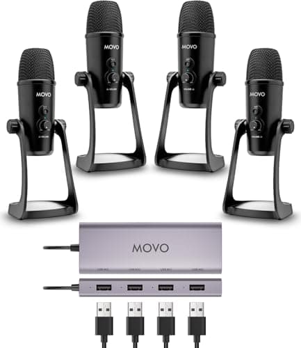 Movo USB Podcast Equipment Bundle for 4 – USB Interface with 4 UM700 Condenser Microphones – 4-Port Powered Hub for Streaming, Podcasting, Interviews