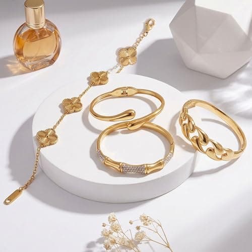 Womens Stackable Floral Gold Bracelets - 4Pcs 18K Gold Plated Bracelet,Stainless Steel Bangle Bracelets Non Tarnish,Gold Bracelet Set Fashion Jewelry,Valentines Birthday Christmas Jewelry Gifts view 6