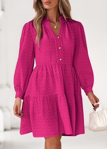 Lazysmile Dresses for Women Long Sleeve V Neck Button Down Ruffled Flowy Fall Casual Babydoll Tunic Dress view 5